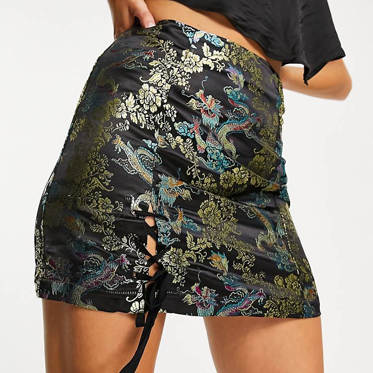 Something New jacquard mini skirt with tie side split in dragon print