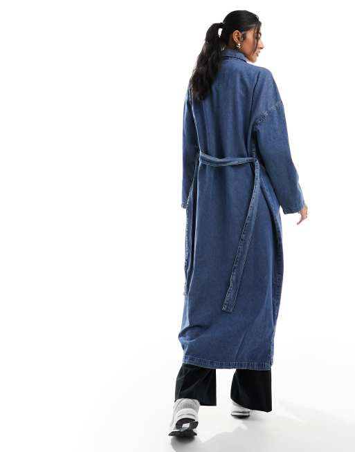 Something New – Mellanblå, tvättad, oversize trenchcoat i denim och lång modell, 3 av 4