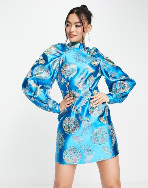 Something New - Minigonna in jacquard con maniche voluminose arricciate blu con stampa di draghi