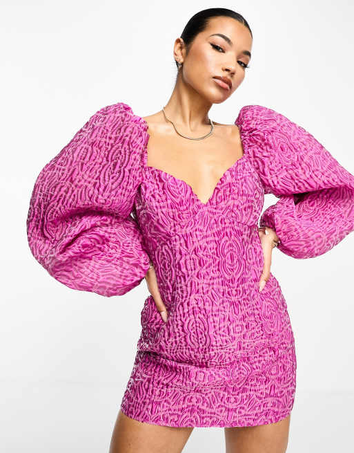 Something New off the shoulder jacquard mini dress with volume sleeves in  pink