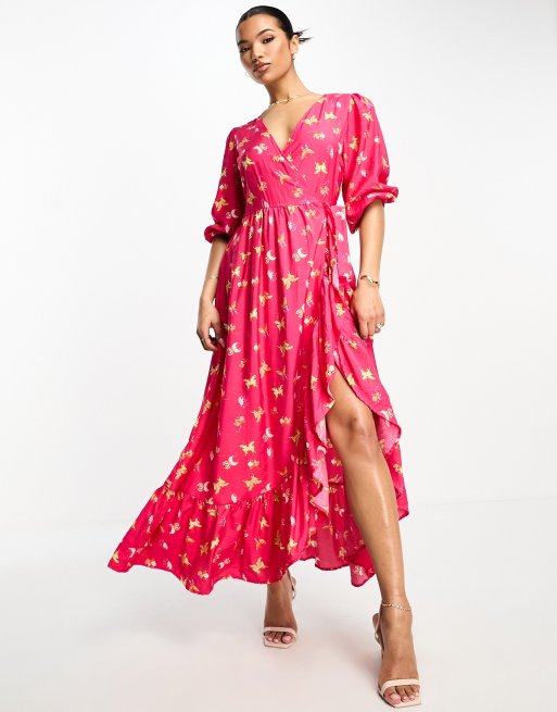 Something New Robe portefeuille longue imprime papillon Rose ASOS