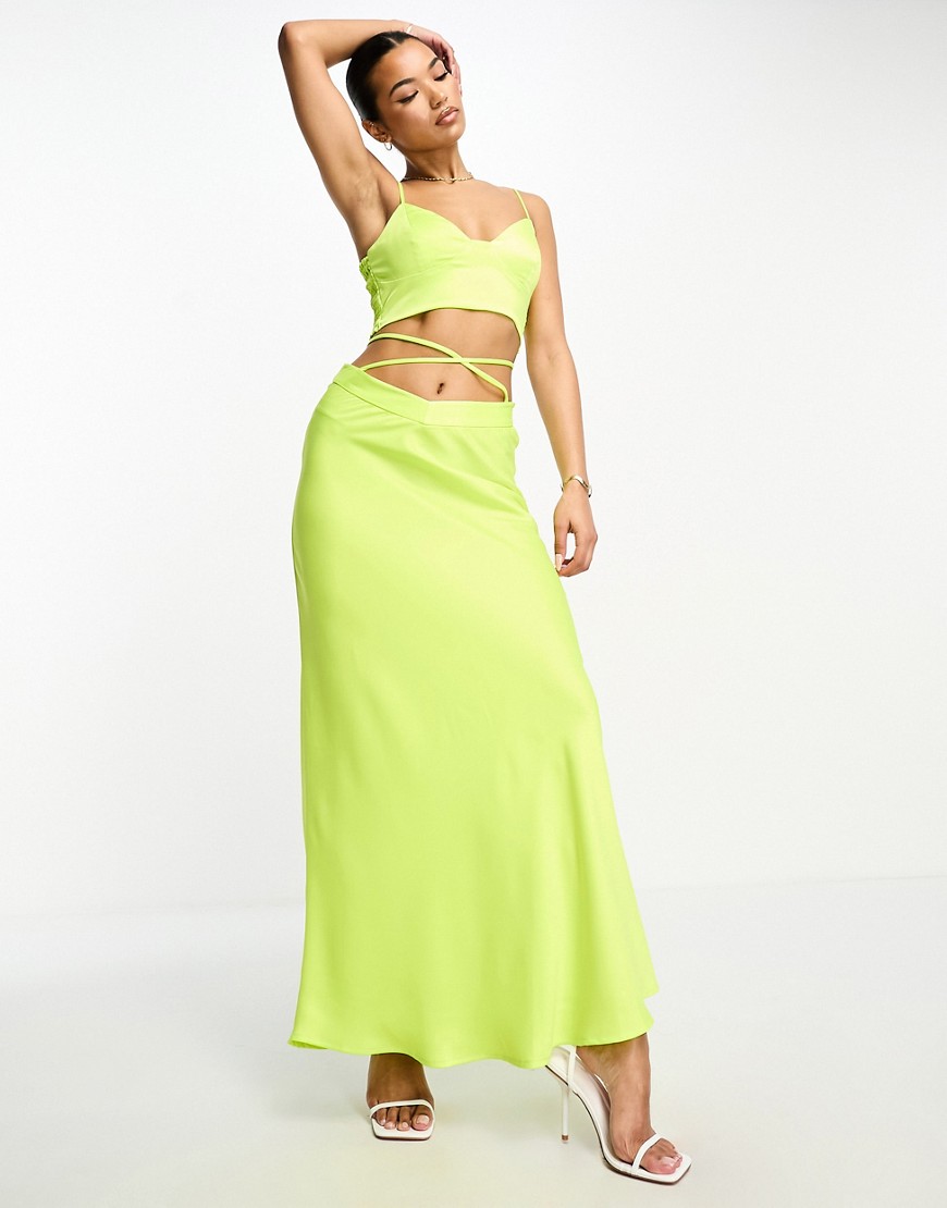 Something New Satin Tie Detail Maxi Skirt In Neon Yellow - Part Of A Set