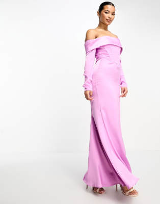 Something New – Schulterfreies Maxikleid aus violettem Satin mit Korsagenoberteil