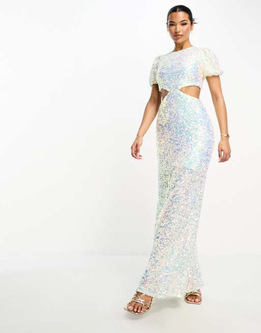 Something New - Vestito lungo bianco iridescente con paillettes, cut-out e maniche a sbuffo