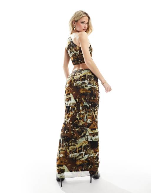 Something New x Art Gallery mesh column skirt in art print (part of a set), 4 of 5