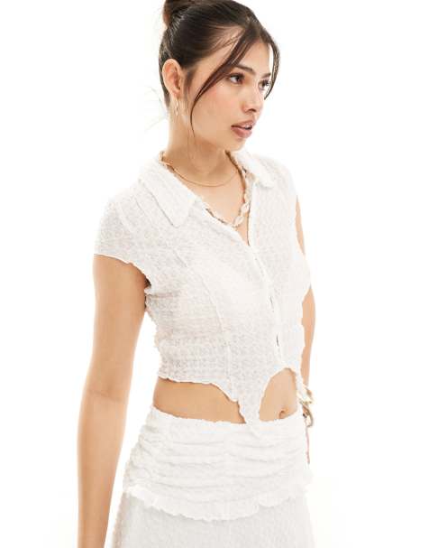 Something New X Cenit Nadir cap sleeved textured shirt co-ord with hem in white - view 1