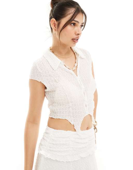 Something New x Cenit Nadir cap sleeved textured shirt with hem in white (part of a set)