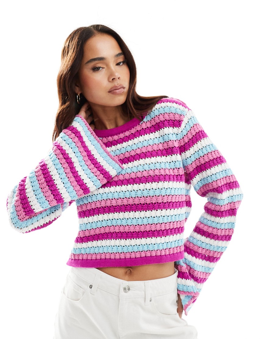 Something New X Cenit Nadir crochet cropped jumper in pink & blue stripe-Multi