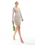 [Something New] Something New x Cenit Nadir fine crochet ruched front mini dress in beige-Neutral L BEIGE