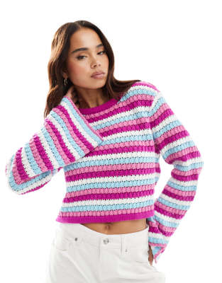 Something New X Cenit Nadir - Häkel-Kurzpullover in Rosa und Blau gestreift-Bunt