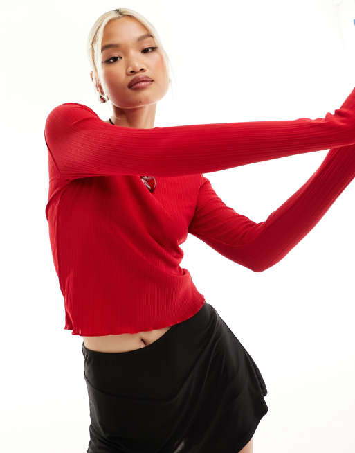 Something New X Chloe Frater - Geribbelde top met lange mouwen en rechte hals in rood