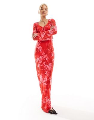 Something New X Chloe Frater mesh tie front maxi dress in washed red floral