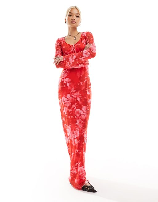 Something New x Chloe Frater - Vestito lungo rosso slavato a fiori in rete con allacciatura sul davanti
