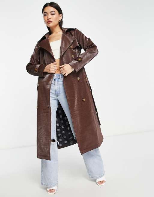 Something New x Emilia Silberg - Trenchcoat met leerlook en croc-effect in bruin