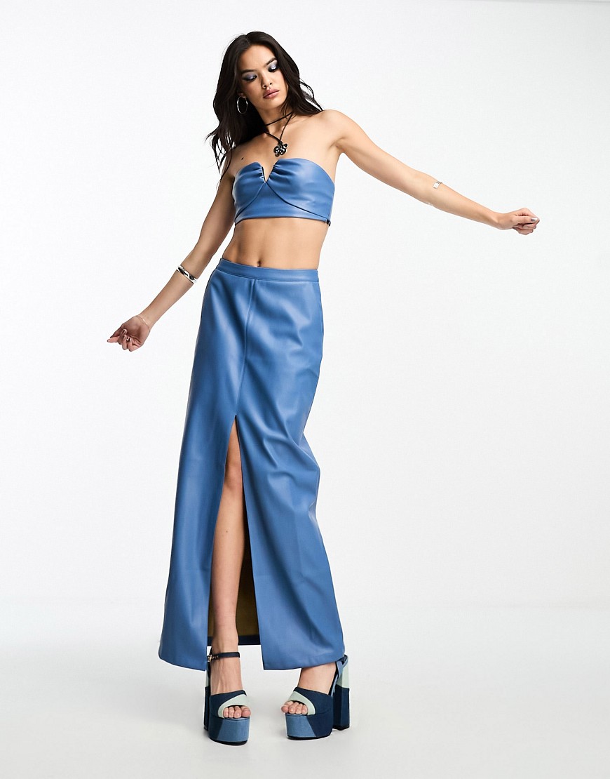 Something New X Emma Fridsell leather look split front maxi skirt co-ord in blue