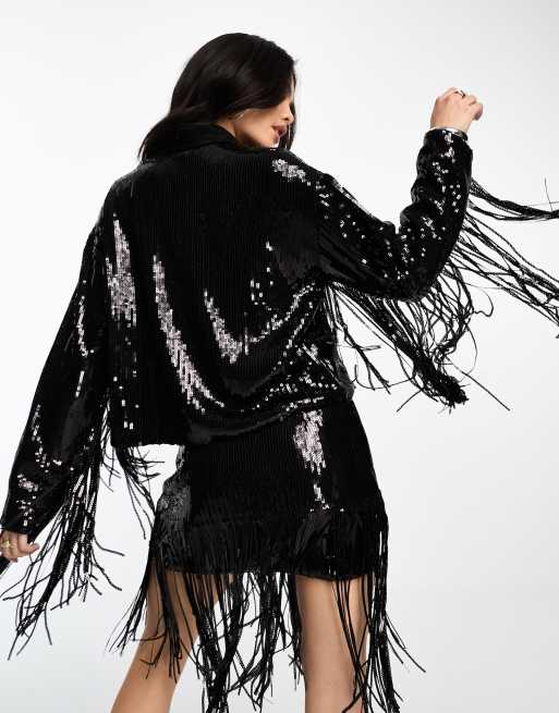 Black sequin 2024 fringe jacket