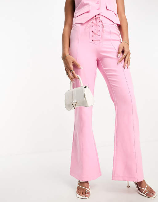 Something New X Flamefaire lace up front trouser co-ord in pastel pink