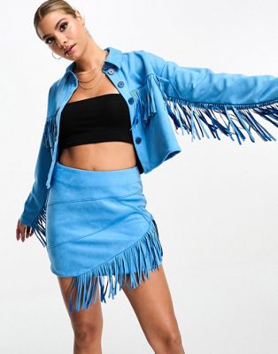 Something New X Flamefaire faux suede western tassel mini skirt co-ord in blue - ASOS Price Checker