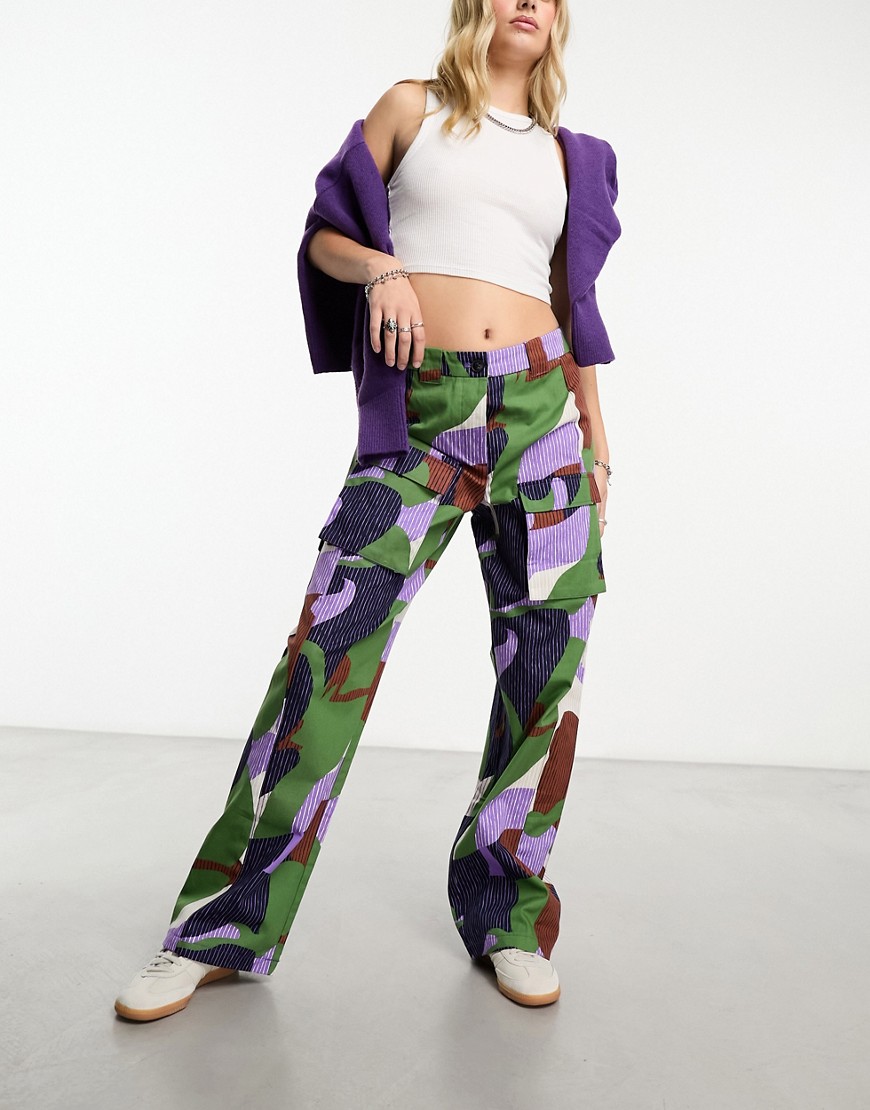 Something New X GORPECORE SQUAD high waisted cargo pants in lilac camo print-Multi