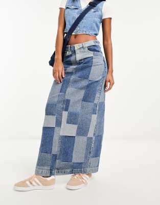 Something New Something New X GORPECORE SQUAD patchwork maxi denim skirt in medium blue wash