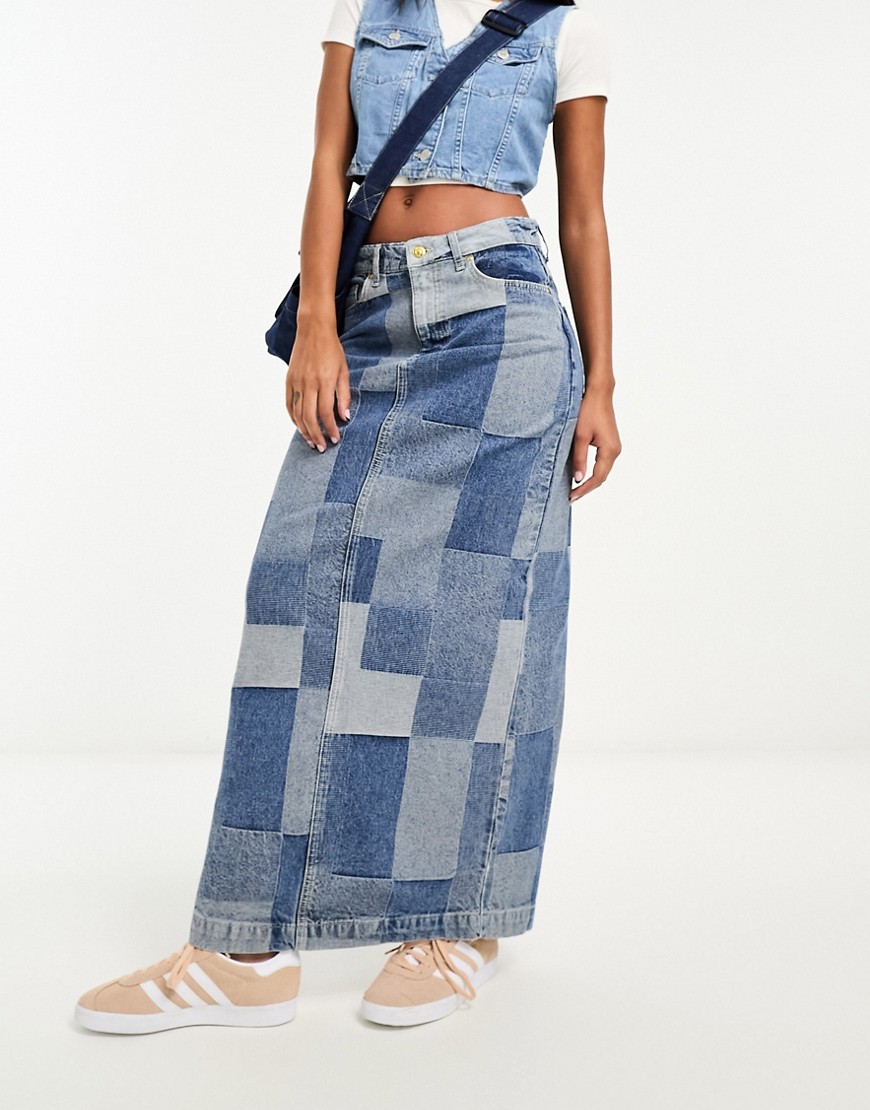 Something New X GORPECORE SQUAD patchwork maxi denim skirt in medium blue wash
