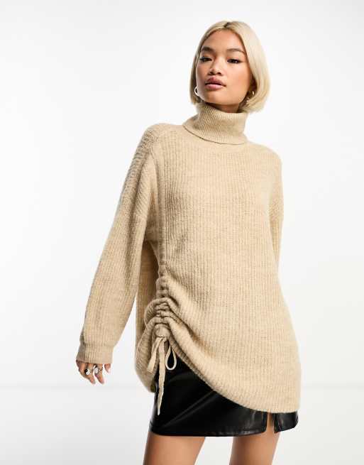 Something New X GORPECORE SQUAD ruched side roll neck jumper in sand