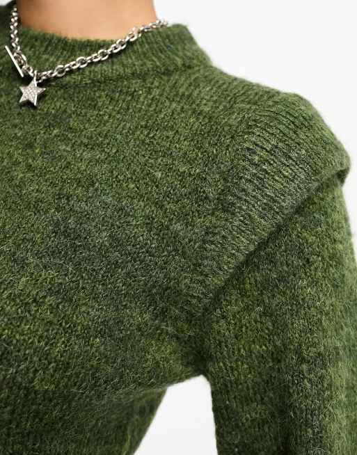 Something New x GORPECORE SQUAD shoulder detail knitted jumper dress in khaki, 3 of 4