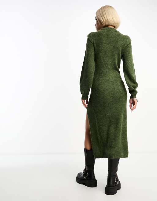 Something New x GORPECORE SQUAD shoulder detail knitted jumper dress in khaki, 4 of 4