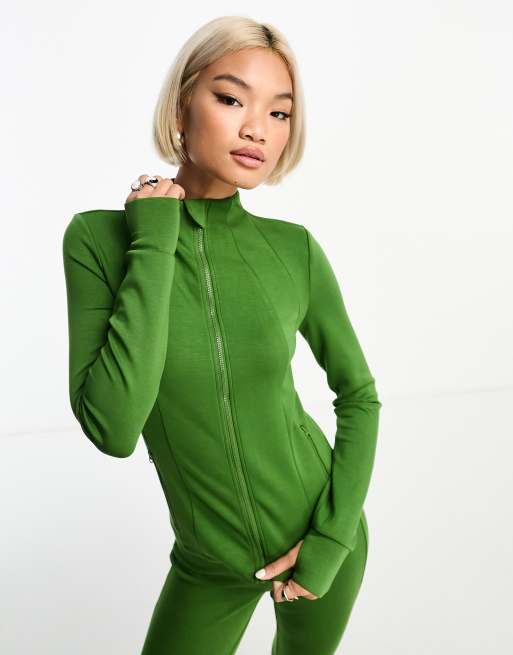 Something New X GORPECORE SQUAD - Top in tessuto scuba verde giardino con zip sul davanti in coordinato