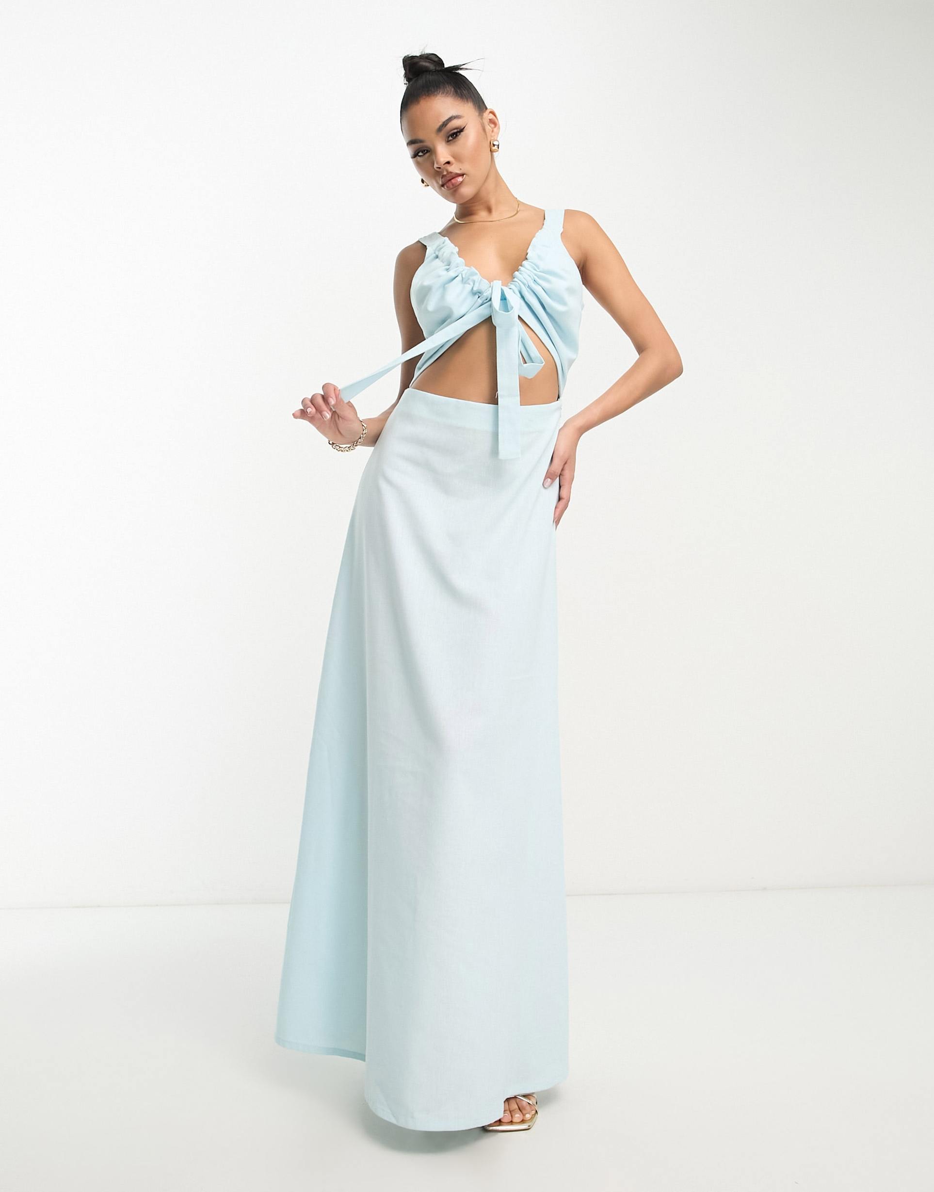 something new x klara hellqvist linen touch cut out maxi dress in pale blue