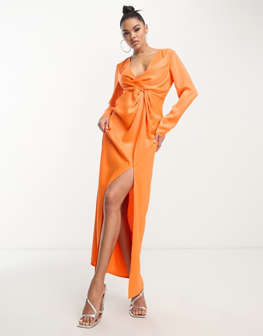 Something New X Klara Hellqvist satin twist front plunge maxi dress in sunset orange