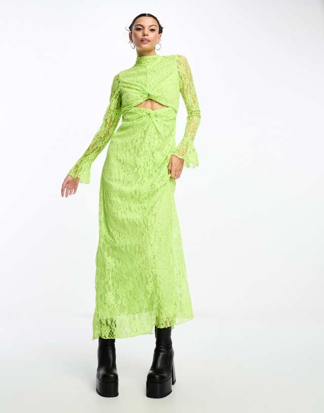 Something New - x lame. cobain high neck lace maxi dress with cut outs in acidic lime green