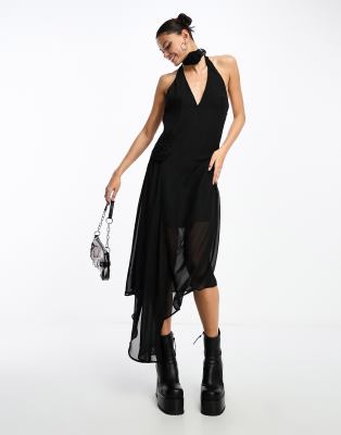 Something New x Lame.Cobain - Transparentes Maxikleid in Schwarz mit Neckholder-Träger und Ansteckblume