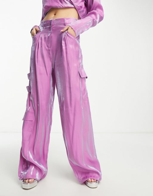 Purple Satin Cargo Pants  Women's Pants - Motto Fashions