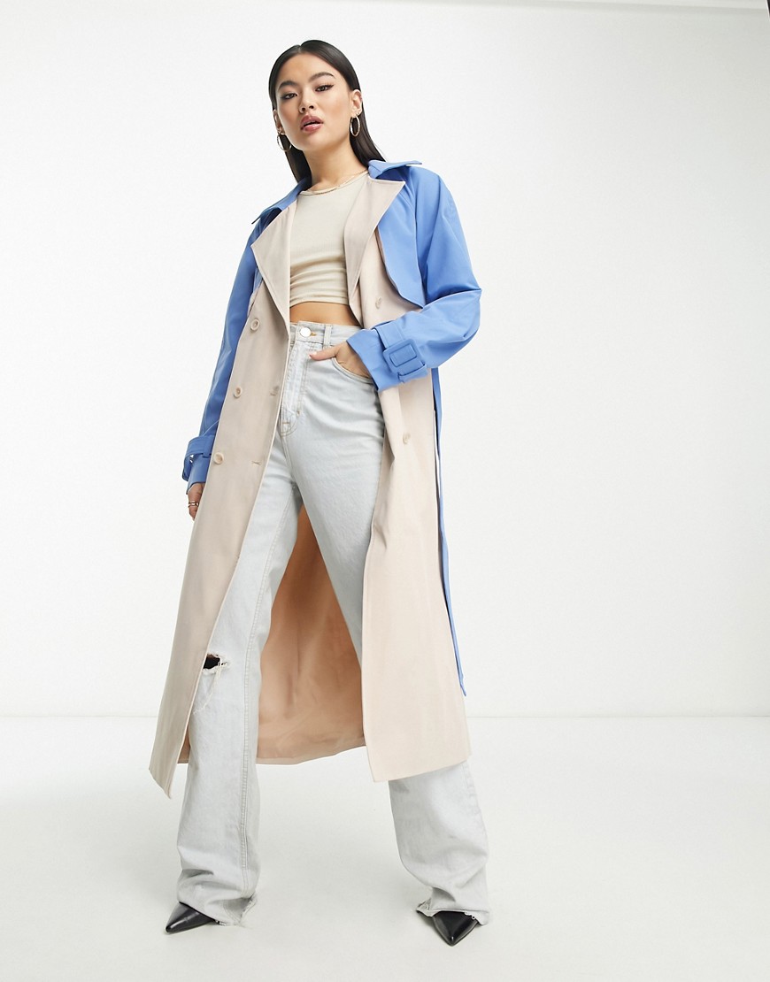 Something New X Madeleine Pedersen colourblock mix trench coat in cream and blue-Multi