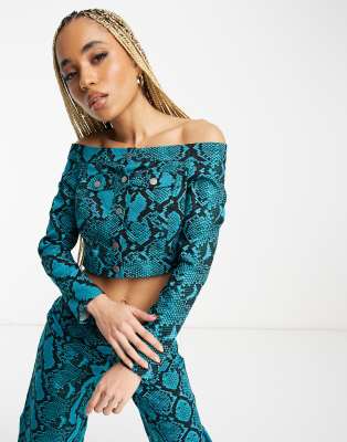 Something New X Madeleine Pedersen Off The Shoulder Top In Blue And Black Snake Print