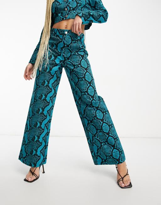 Something New X Madeleine Pedersen wide leg trouser co-ord in blue and  black snake print