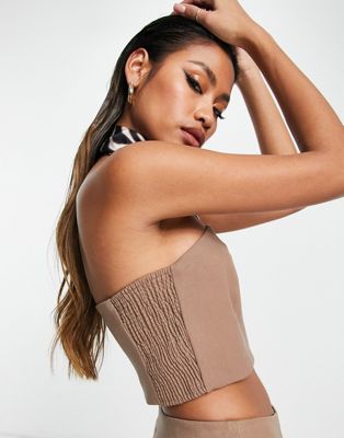 Something New X Naomi Anwer tube crop top co-ord in beige - ASOS Price Checker