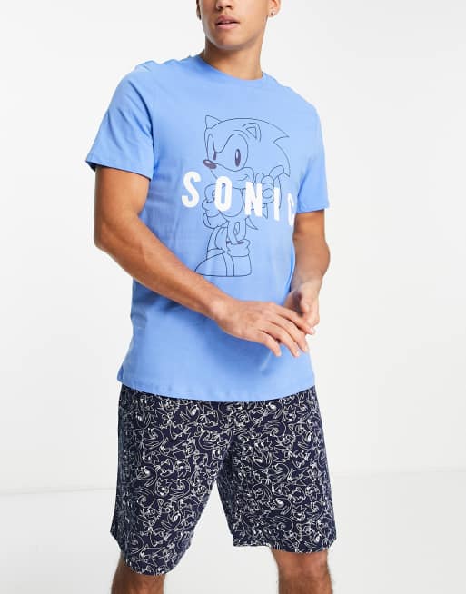 Sonic – Niebieska piżama z T-shirtem i szortami we wzór na całej powierzchni