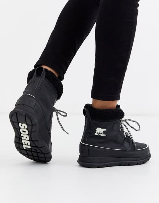 sorel carnival waterproof black nylon boots with microfleece lining