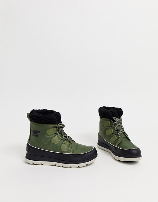 Sorel Carnival waterproof khaki green nylon boots with microfleece lining