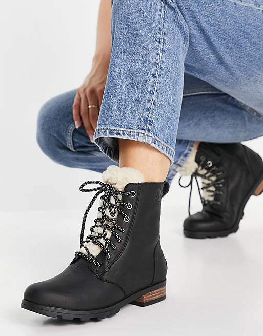 Sorel emelie short lace up cozy boots in black