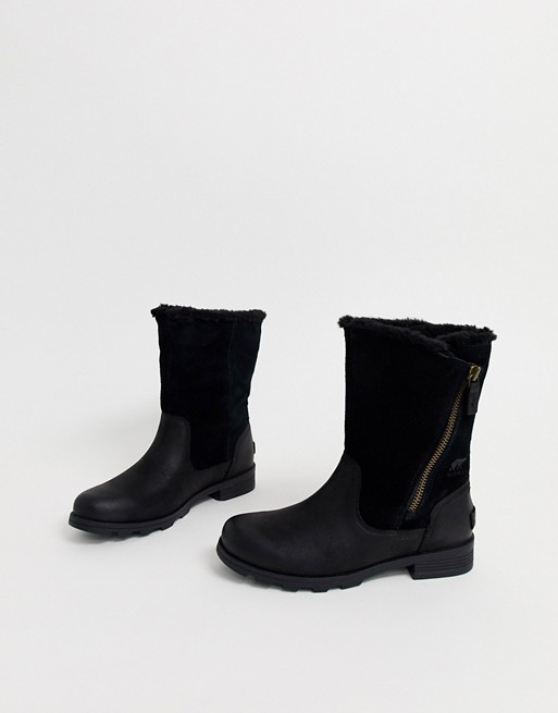 Sorel Emilie black leather foldover waterproof boots