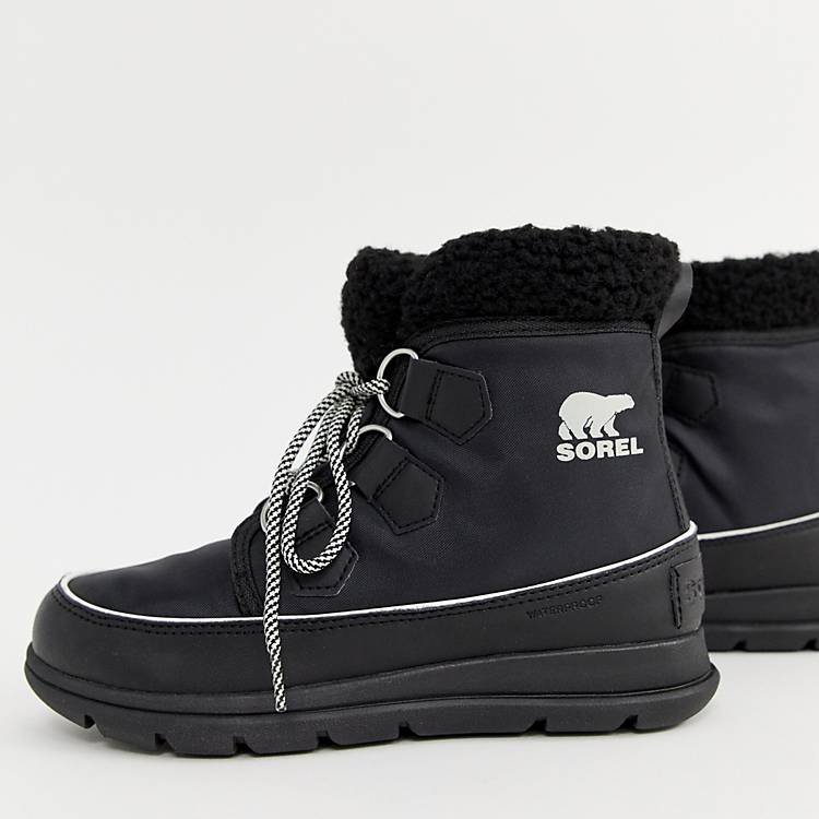 Sorel Explorer Carnival Waterproof Black Nylon Boots With Microfleece  Lining | ASOS