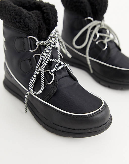 Sorel Explorer Carnival Waterproof Black Nylon Boots With Microfleece  Lining | ASOS