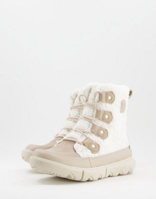 Sorel Explorer II Joan Cozy teddy lace up boots in off white