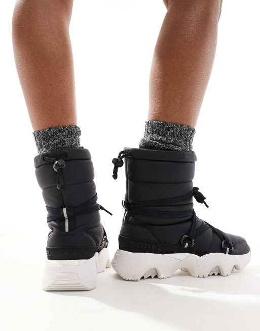 Sorel Kinetic Impact NXT WP waterproof fleece lined puffer snow boots in black and sea salt