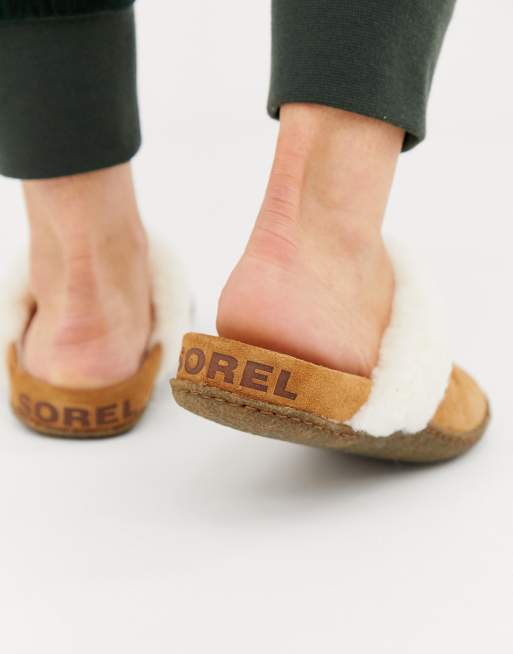 tan faux fur slides
