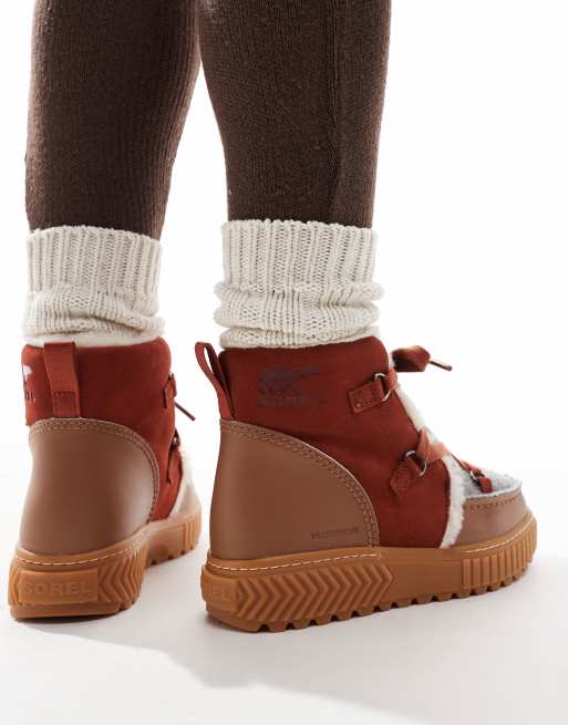 Sorel ONA AVE Alpine WP fleece lined waterproof leather boots in velvet tan and sanguine