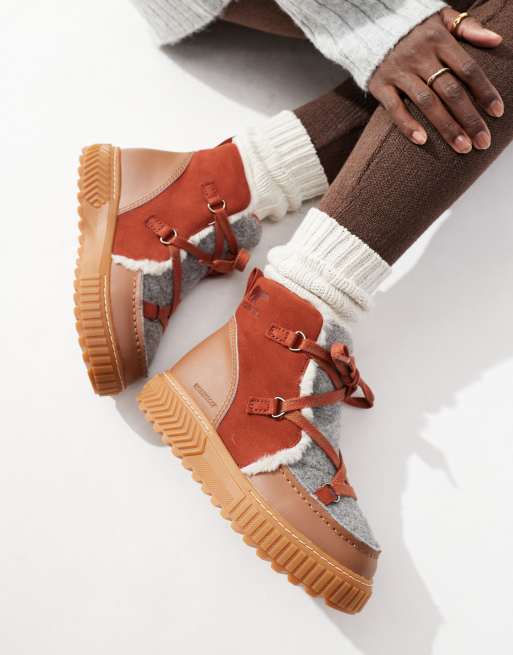 Sorel - ONA AVE Alpine WP - Stivali impermeabili in pelle con interno in pile color cuoio velluto e rosso